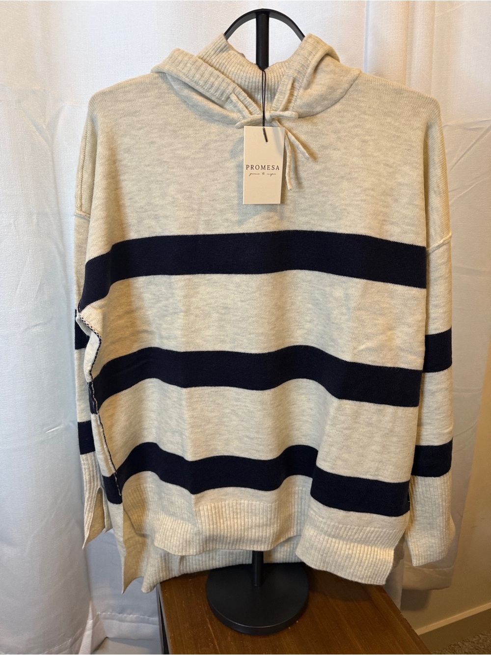 Promesa Cream and Navy Striped Hooded Pullover